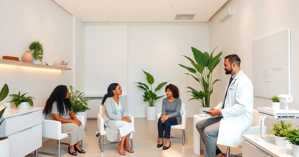 Médico sentado conversando com três mulheres em uma sala de atendimento clara com plantas