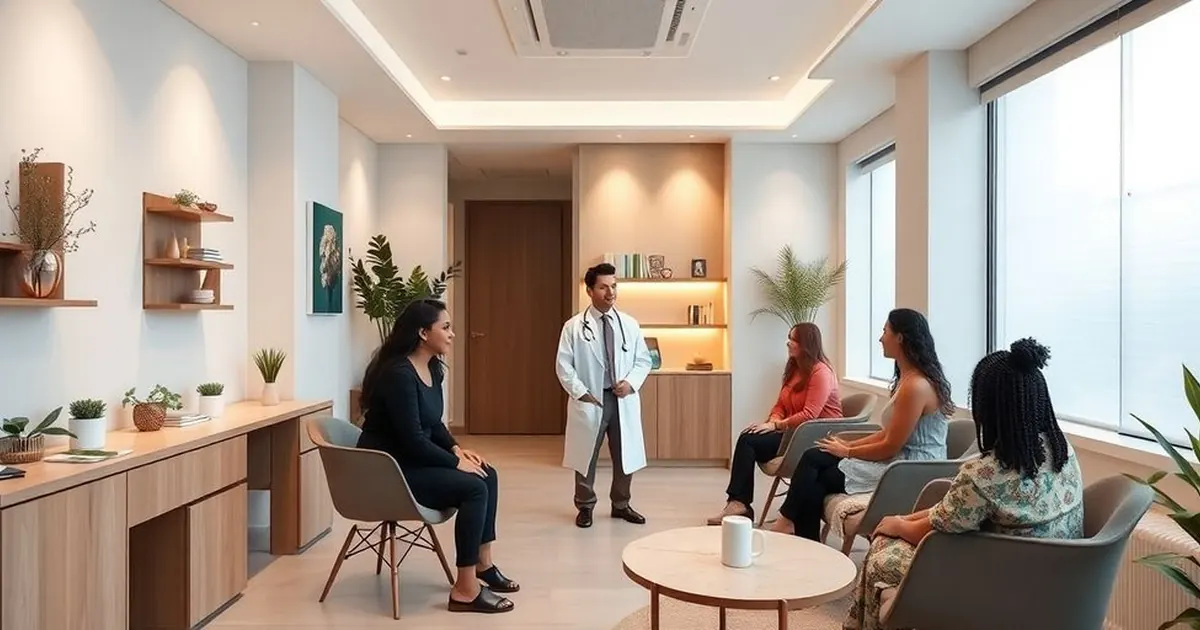 Médico de jaleco em pé conversa com mulheres sentadas em sala de espera moderna