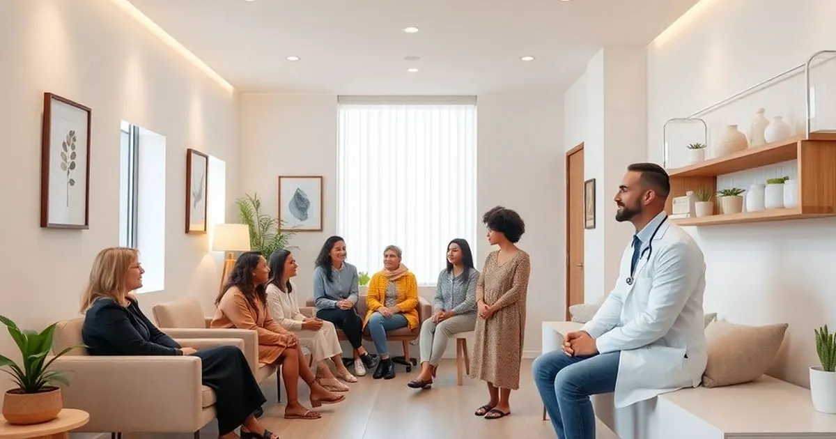 Médico sentado conversando com um grupo de pessoas em uma sala de consultório clara
