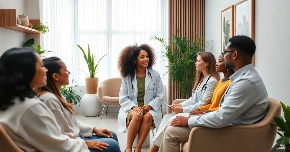 Médica de jaleco sentada conversando com um grupo de pessoas em uma sala clara com plantas