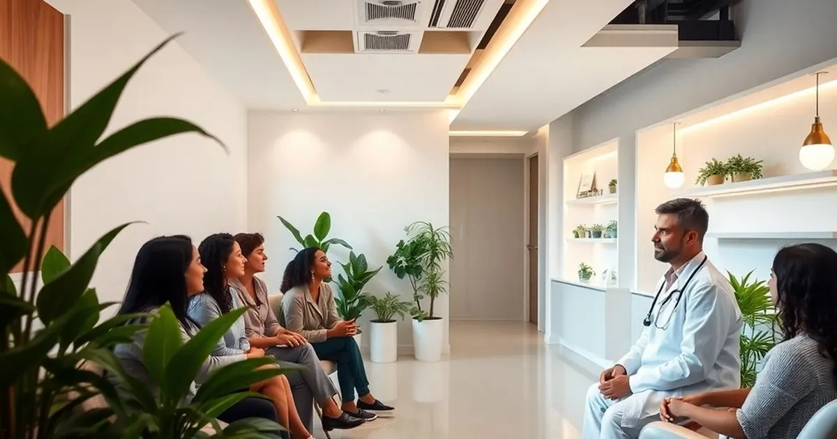 Médico sentado conversando com mulheres em sala de espera clara com plantas e iluminação suave