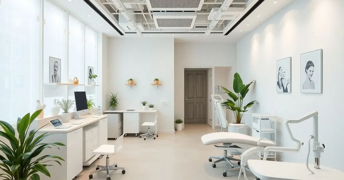 Consultório branco e iluminado com cadeira de exame, bancada com computador e plantas