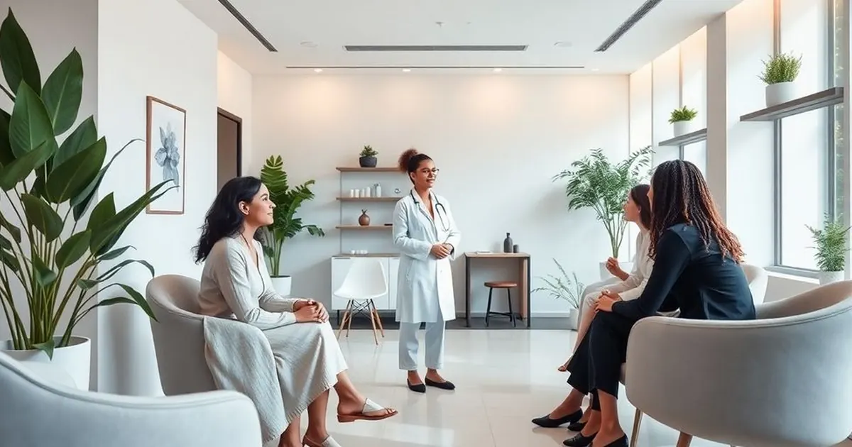 Médica de jaleco em pé em sala clara conversando com mulheres sentadas em poltronas