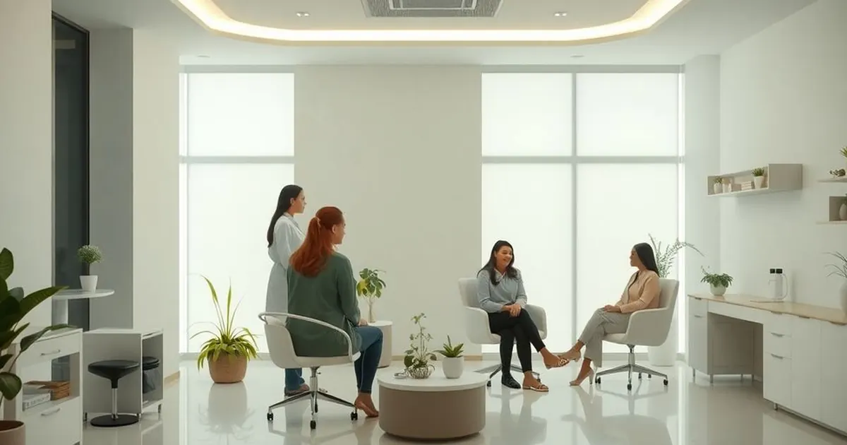 Quatro mulheres conversando sentadas em uma sala branca e ampla, com janelas grandes e plantas