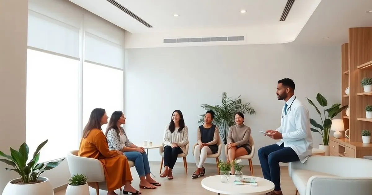 Médico de jaleco com prancheta falando para mulheres sentadas em poltronas em sala clara
