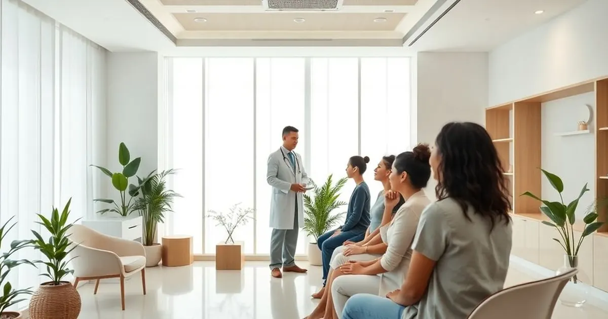 Profissional de jaleco falando para um grupo de pessoas sentadas em uma sala ampla e iluminada