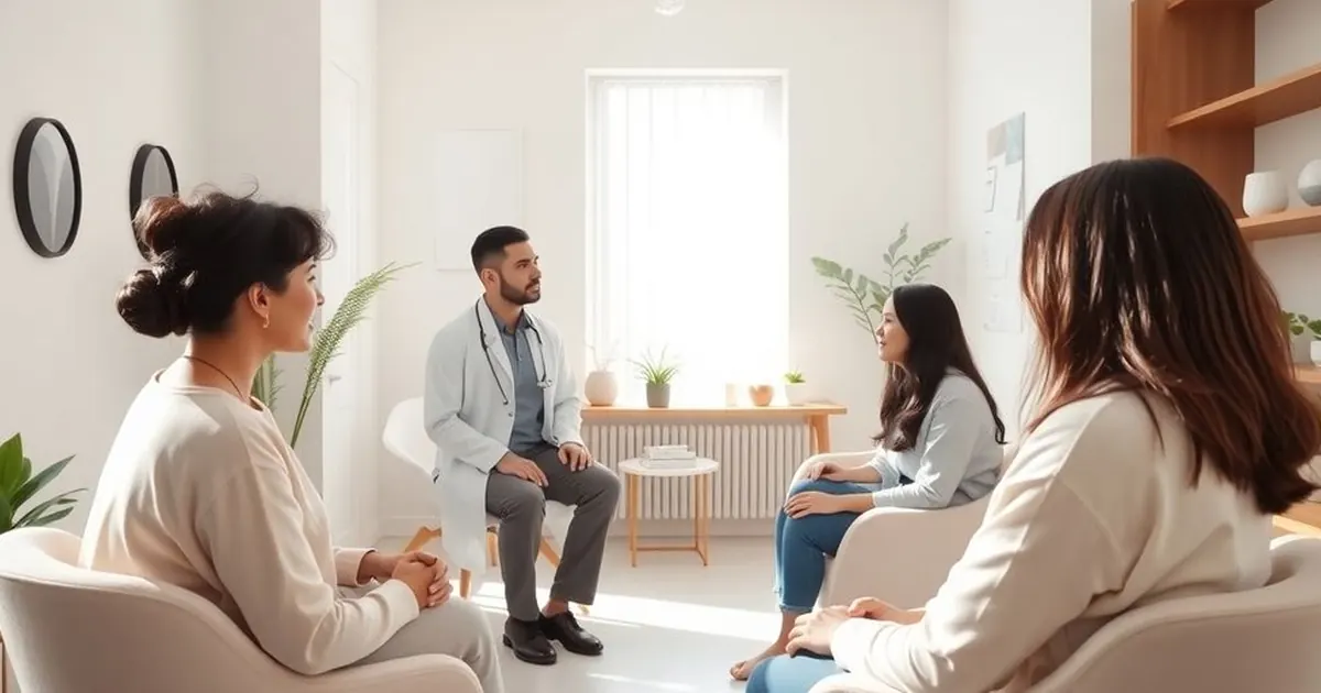 Médico de jaleco conversando com três mulheres sentadas em poltronas em uma sala clara e iluminada