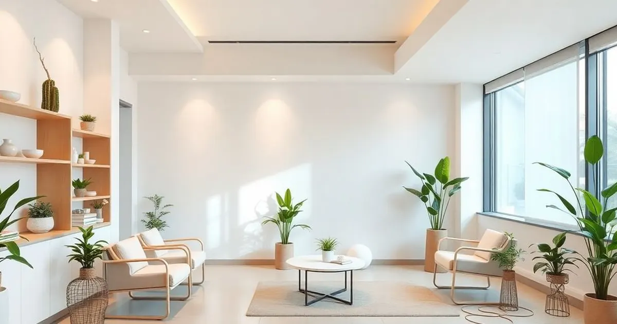 Sala de espera clara com poltronas, mesa de centro, estante de madeira e vasos de plantas