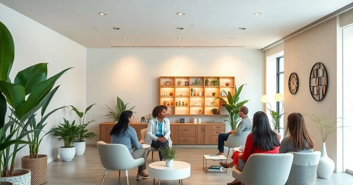 Pessoas sentadas em poltronas em roda, conversando com uma médica de jaleco em uma sala ampla com plantas