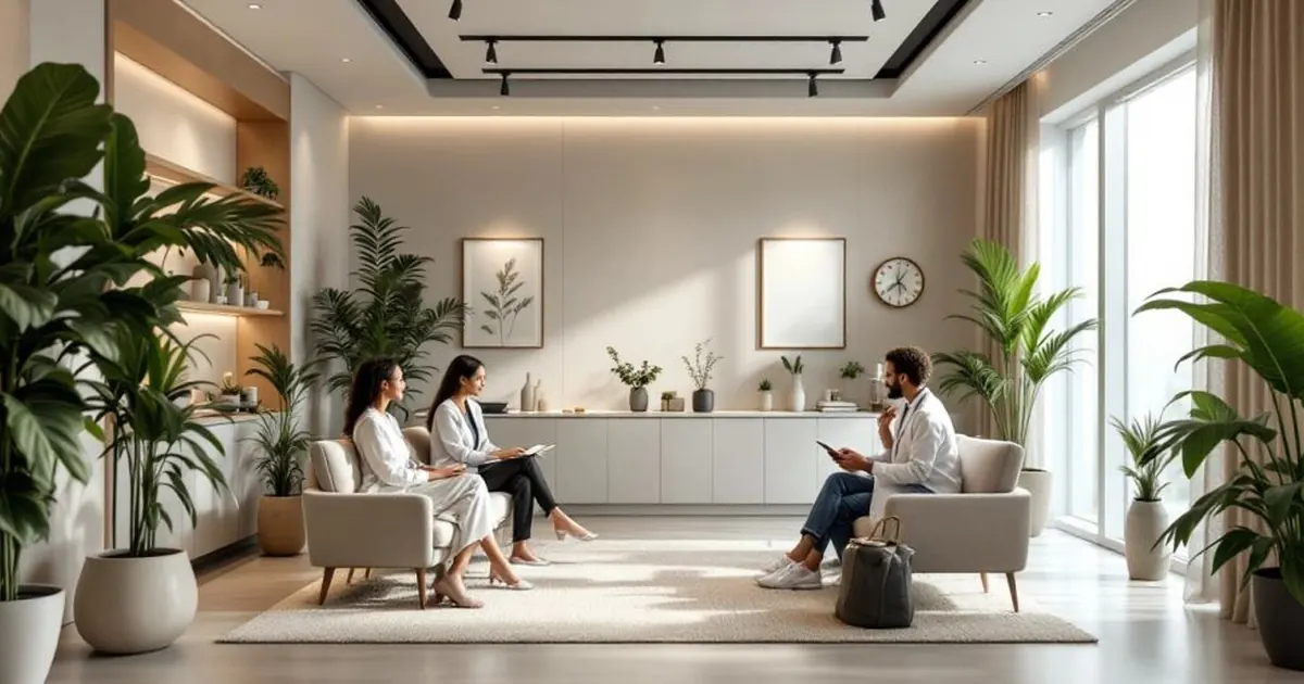 Duas mulheres e um homem sentados em poltronas claras em uma sala ampla e iluminada, com plantas