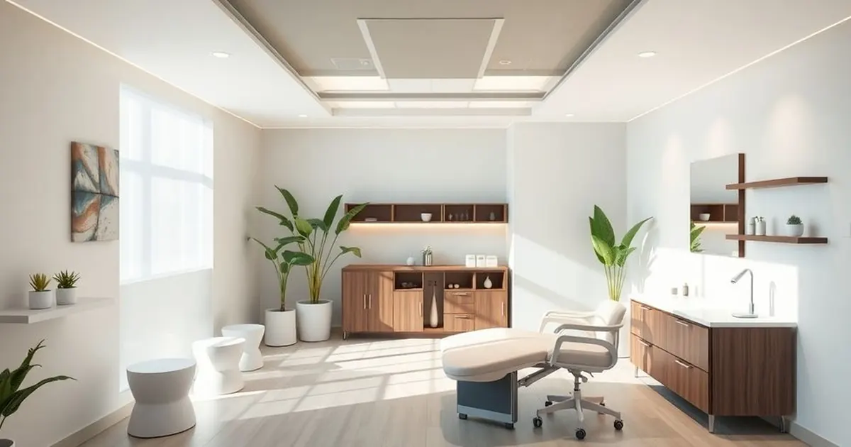 Sala de procedimentos clara e vazia, com maca, cadeira, móveis de madeira e plantas