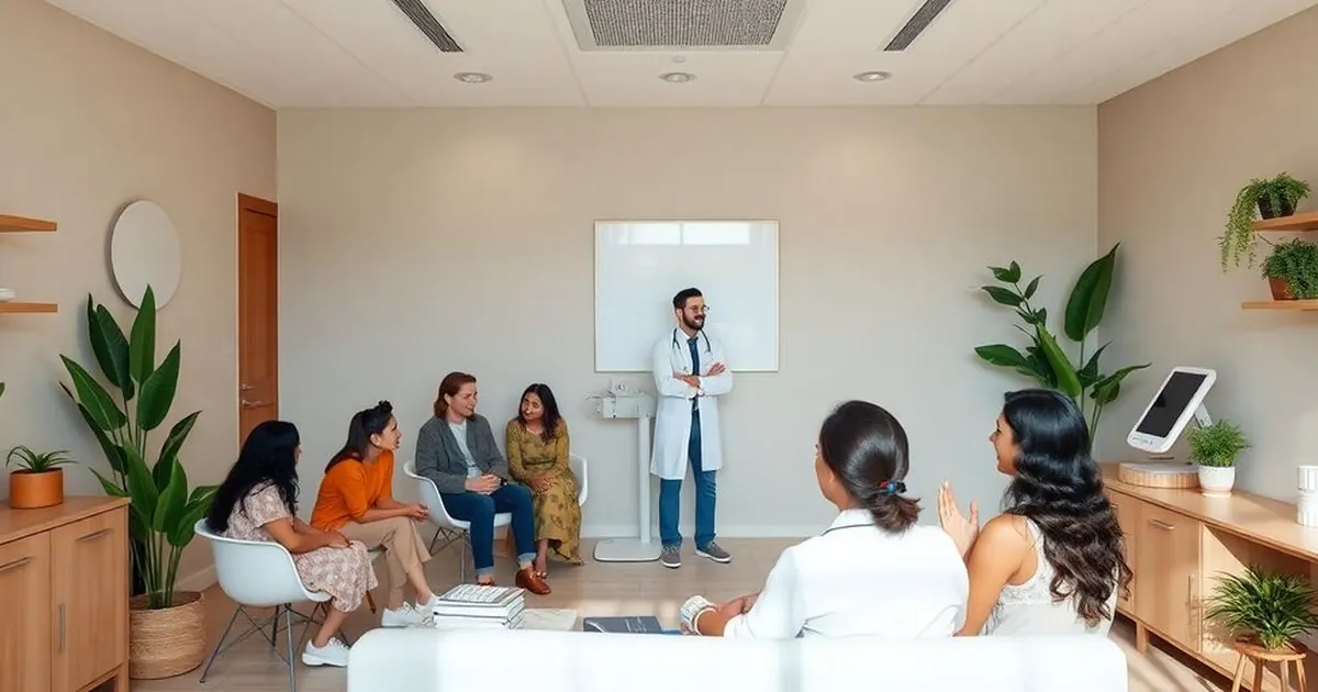 Médico de jaleco em pé diante de um grupo de pessoas sentadas em uma sala clara com plantas