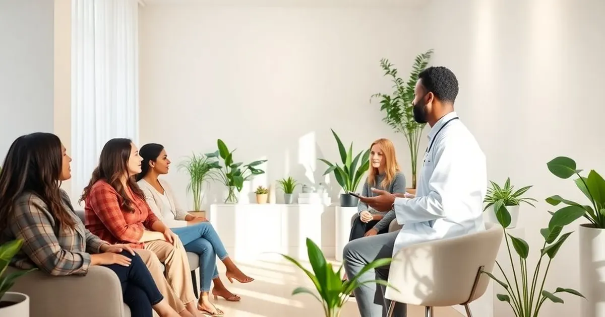 Médico sentado conversando com um grupo de mulheres em sala clara cercada de plantas