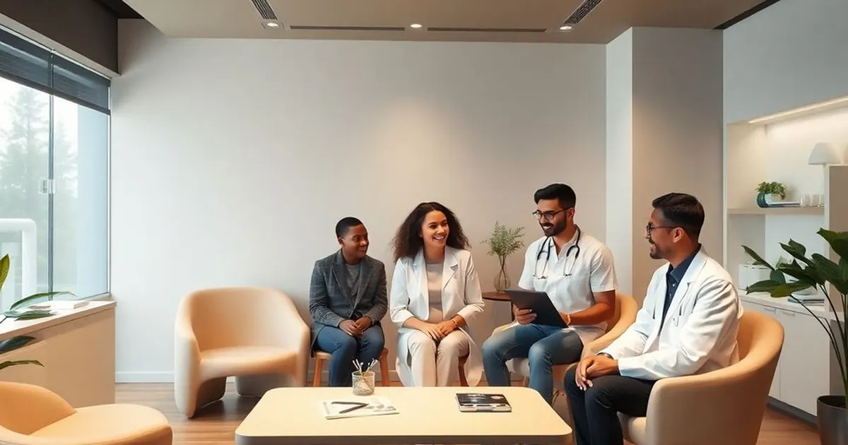 Grupo de médicos e paciente conversando sentados em poltronas em sala de reunião clara