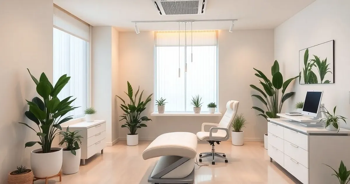 Consultório claro com poltrona de atendimento, mesa com computador e vasos de plantas
