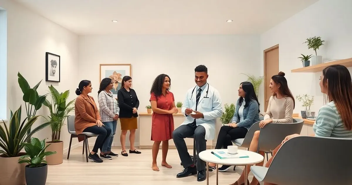 Médico sentado explica algo a mulheres reunidas em pé e sentadas em sala com plantas